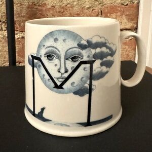 Anthropologie Balducci Monogram Letter M Coffee Mug Wolf Howling At Moon Clouds